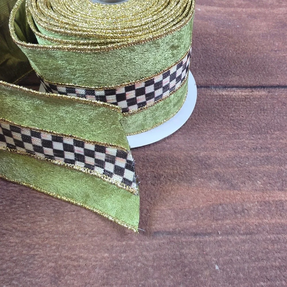 MacKenzie-Childs Wired Ribbon Green Gold Good Courtly Check Velvet 2in Wide